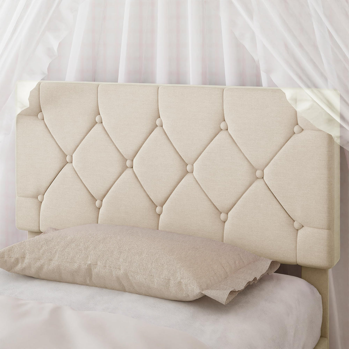 Twin Bed Frame with Upholstered Tufted Headboard, Beige W853