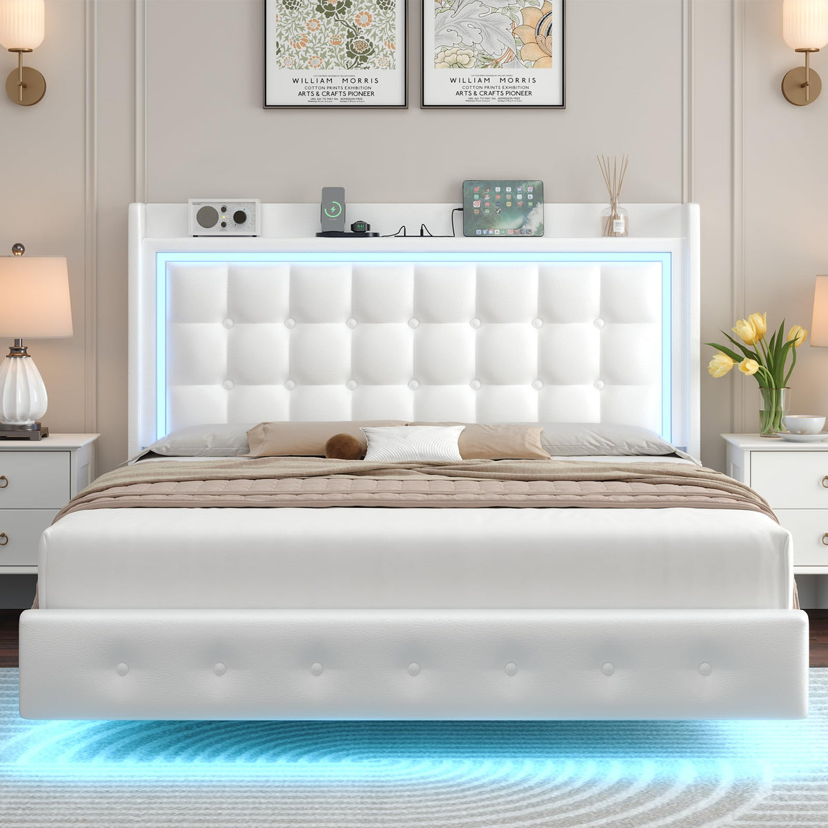 Queen Floating Bed Frame with Storage Headboard, LED Lights & Charging Station D933