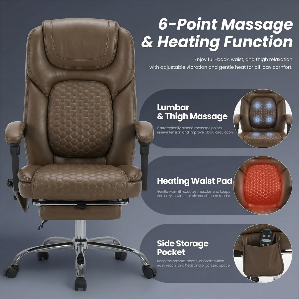 Brown Leather Massage Office Chair with Heat and Footrest A68867