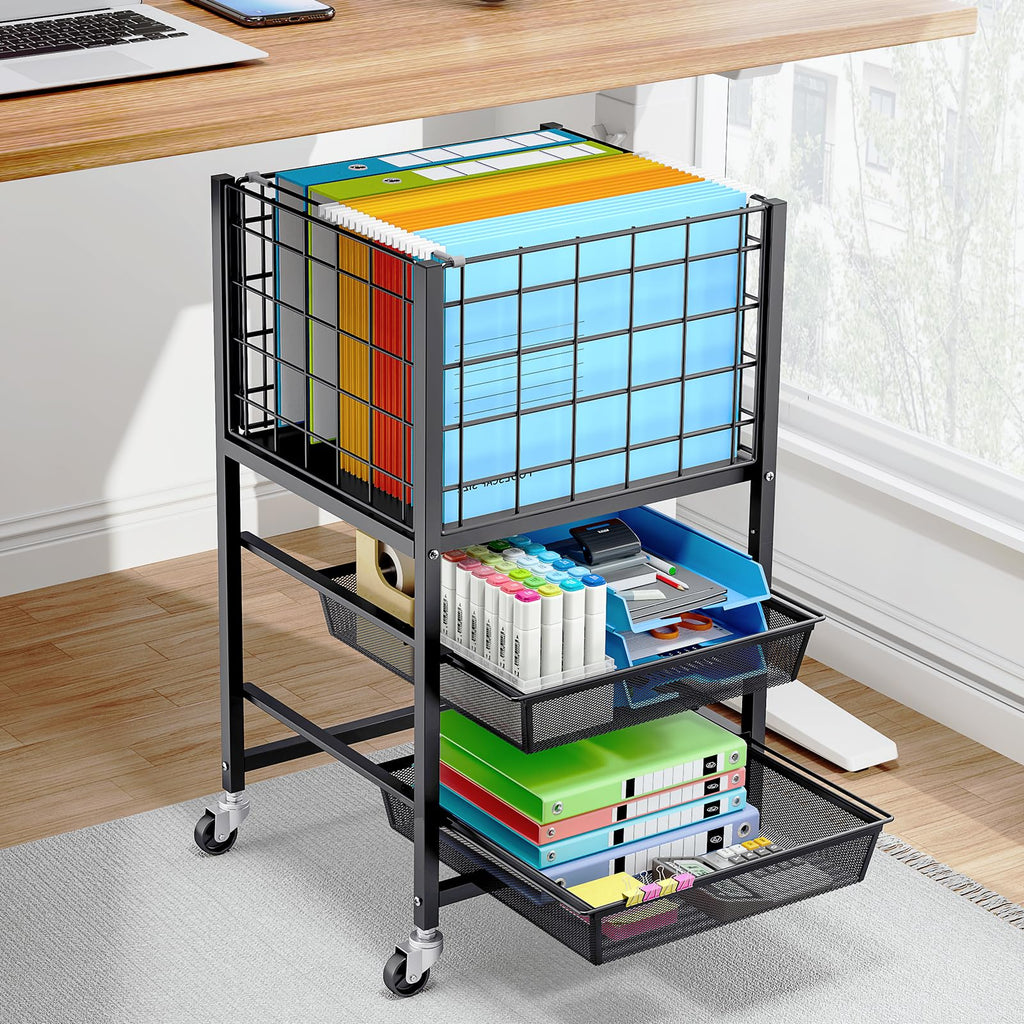 3-Tier Metal Rolling File Cart with 2 Sliding Trays Black Y2618