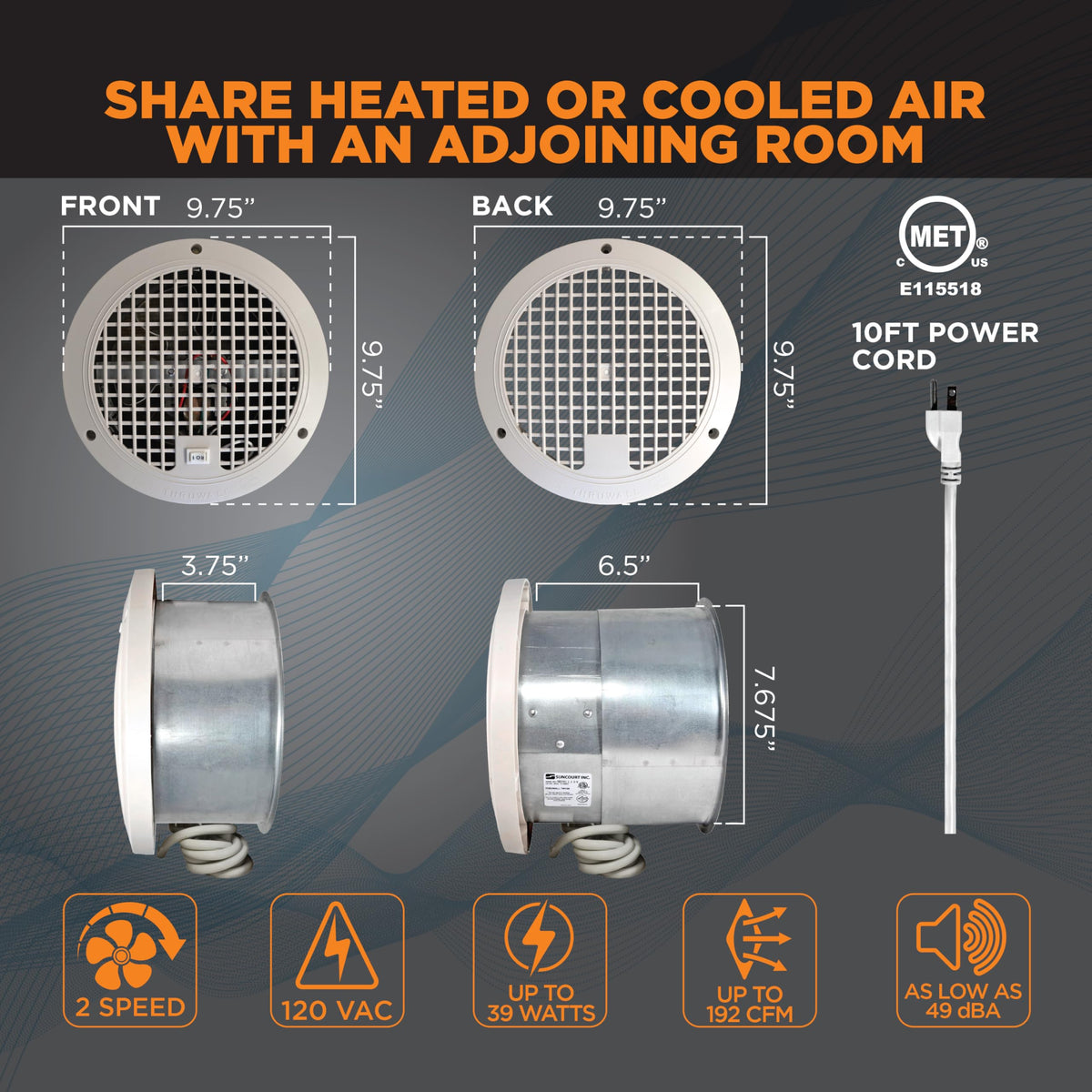 ThruWall Transfer Fan, 200-440 Sq Ft, 10-Ft Cord, 2-Speed R2465