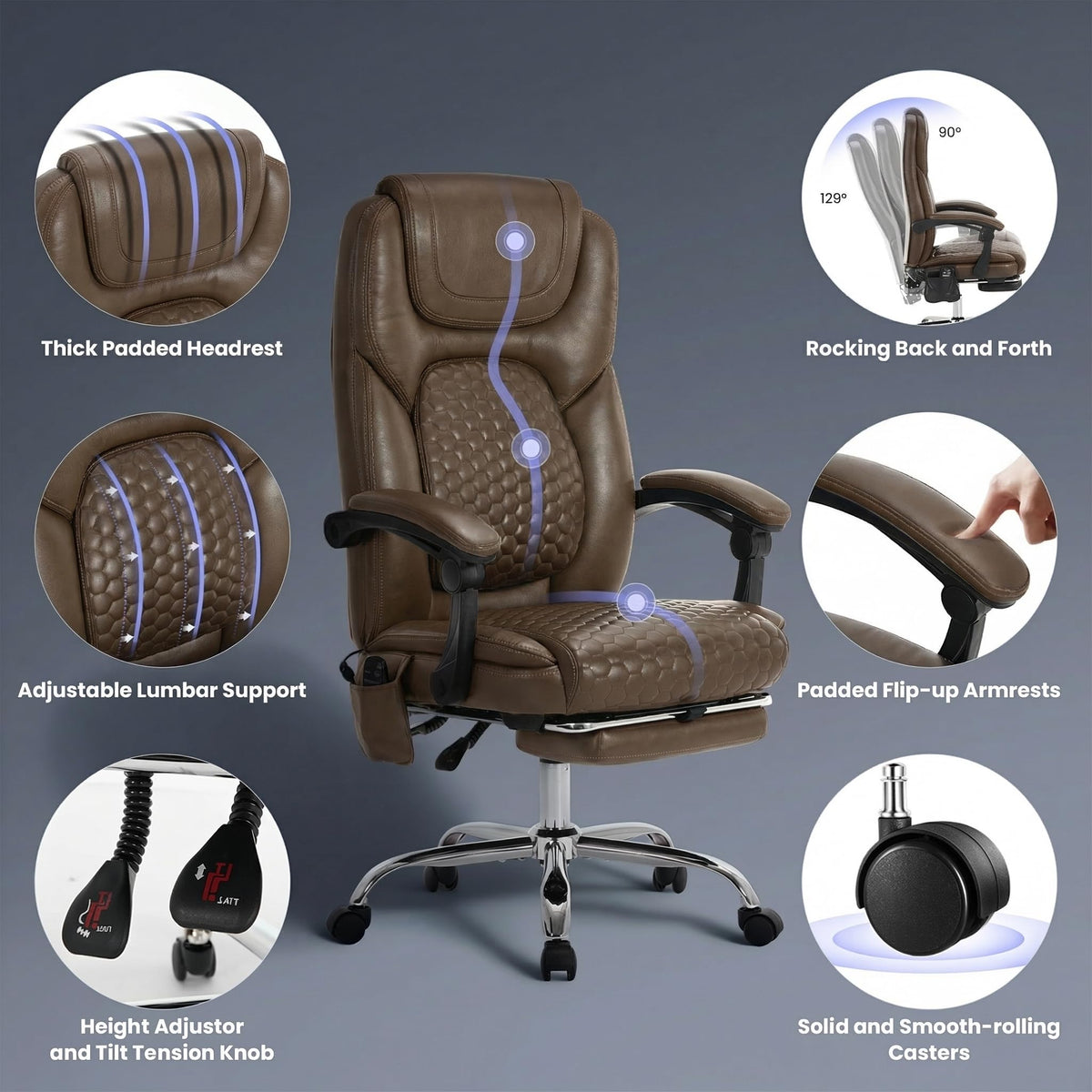 Brown Leather Massage Office Chair with Heat and Footrest A68867