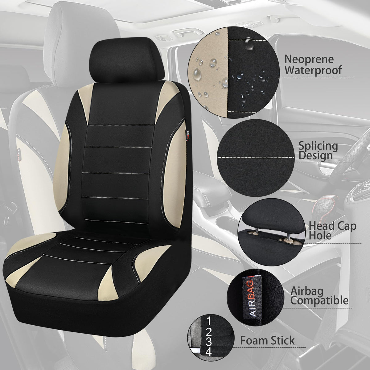 Waterproof Car Seat Covers Full Set Black and Beige K77725