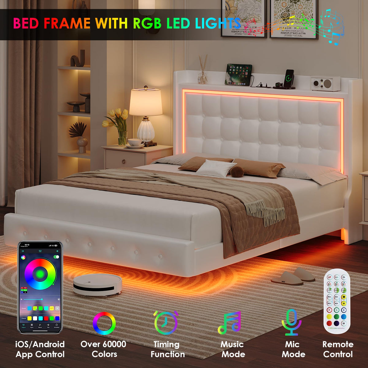 Queen Floating Bed Frame with Storage Headboard, LED Lights & Charging Station D933