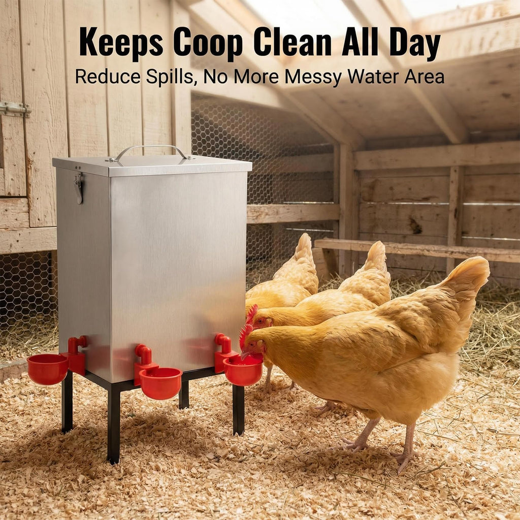 3 Gallon Stainless Steel Chicken Waterer with Cups & Nipples D797
