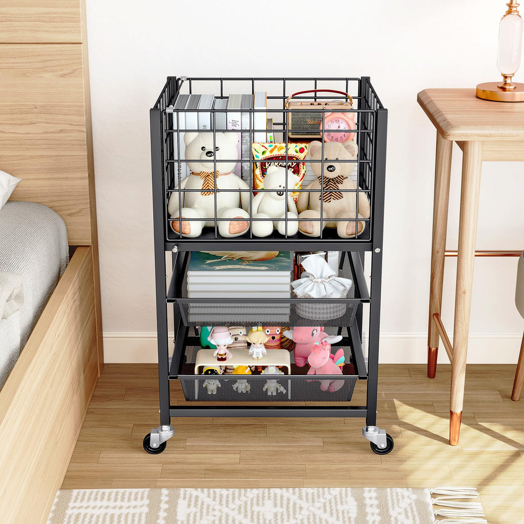 3-Tier Metal Rolling File Cart with 2 Sliding Trays Black Y2618
