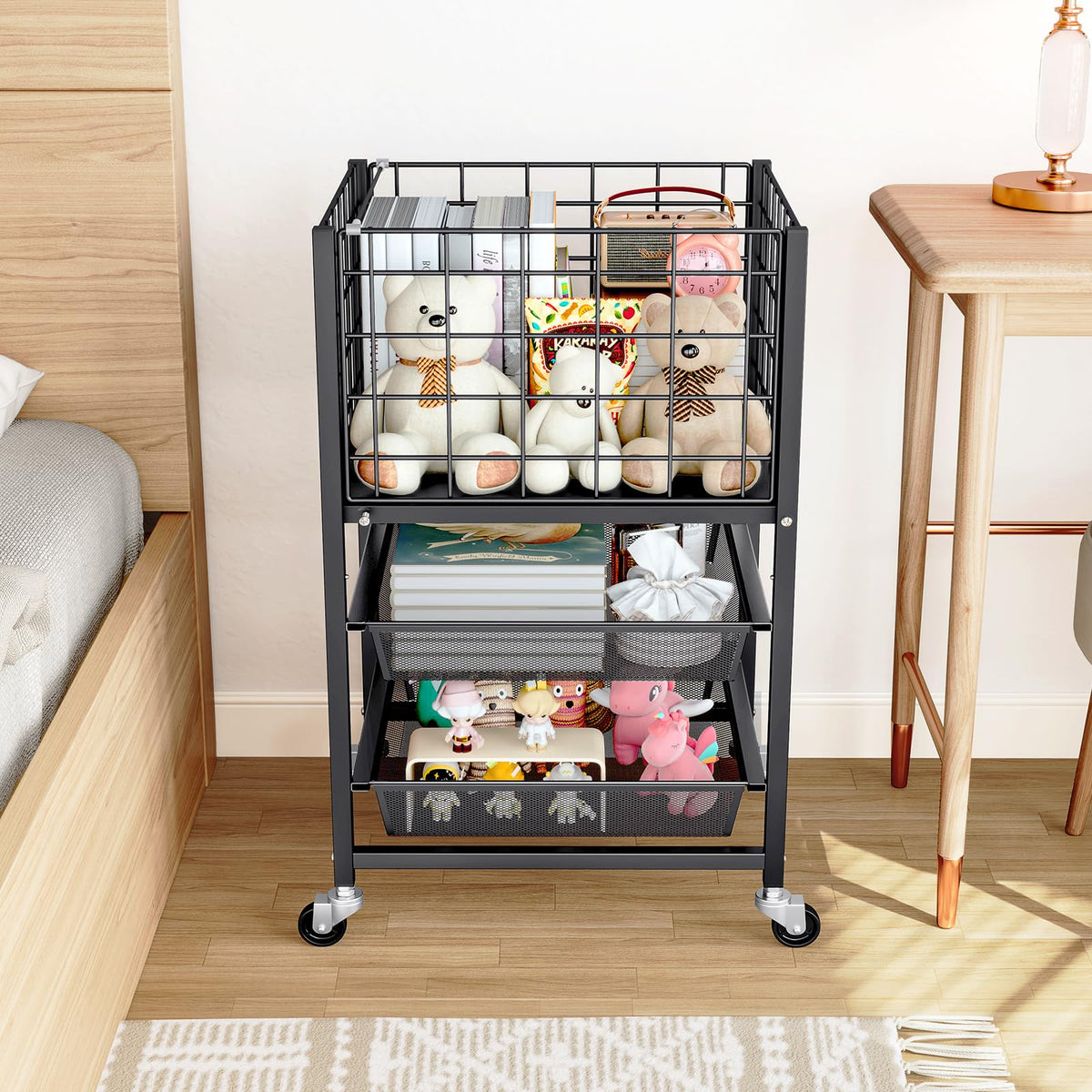 3-Tier Metal Rolling File Cart with 2 Sliding Trays Black Y2618