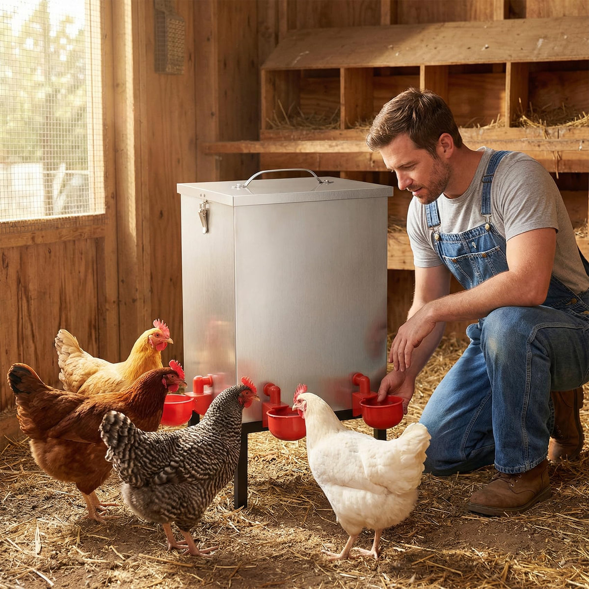 3 Gallon Stainless Steel Chicken Waterer with Cups & Nipples D797