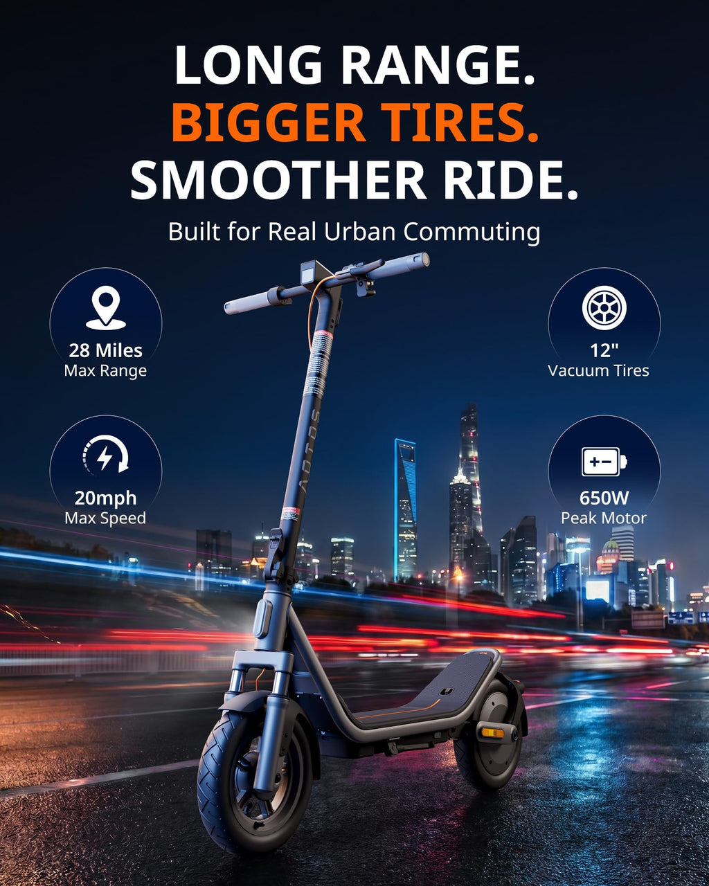 Electric Scooter for Adults, 20 MPH, 750W Peak Motor, 12" Tubeless Tires, Foldable V534