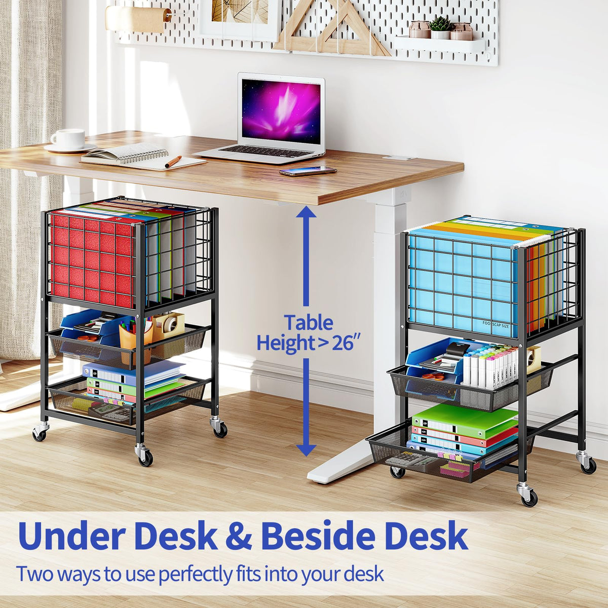3-Tier Metal Rolling File Cart with 2 Sliding Trays Black Y2618