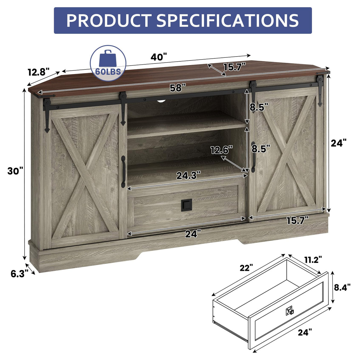 Corner TV Stand with Sliding Barn Door & Removable Shelves M49484