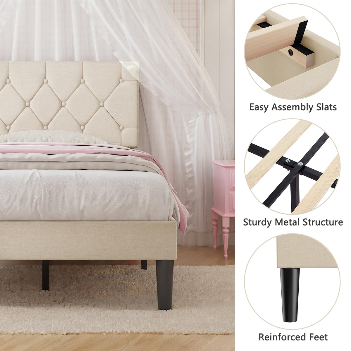 Twin Bed Frame with Upholstered Tufted Headboard, Beige W853