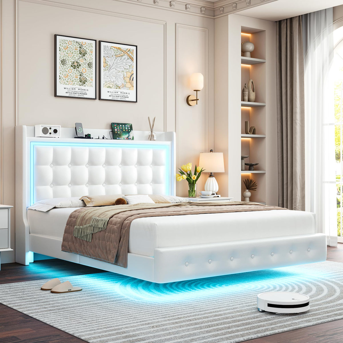 Queen Floating Bed Frame with Storage Headboard, LED Lights & Charging Station D933