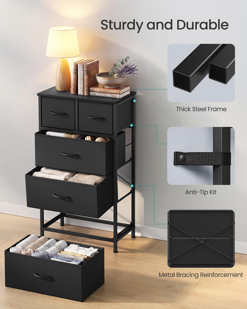 Tall Dresser with 5 Fabric Drawers U9289