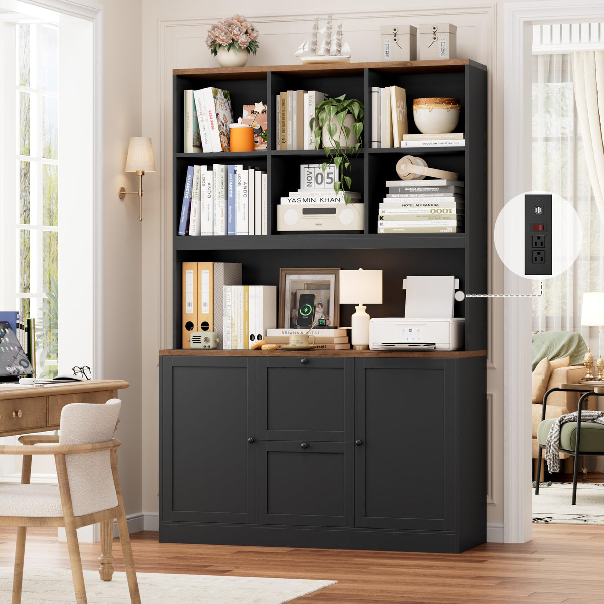 72'' Tall File Bookcase with Power Outlet & 2 Filing Drawers H15437