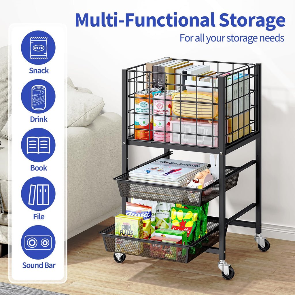 3-Tier Metal Rolling File Cart with 2 Sliding Trays Black Y2618