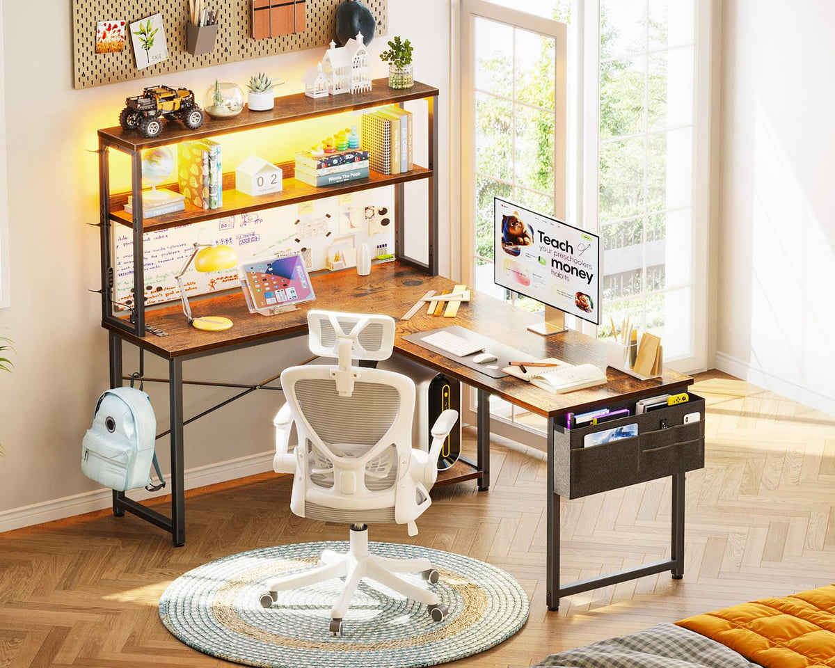L Shaped Desk with LED Light & Power Outlet Q24442