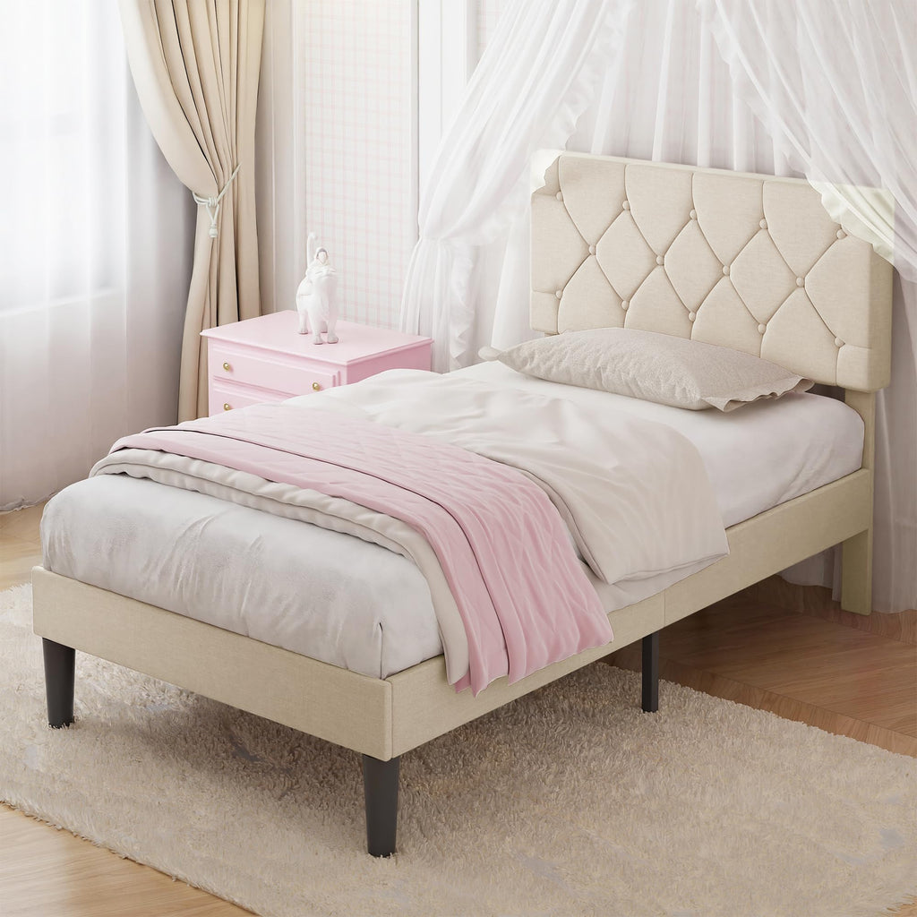 Twin Bed Frame with Upholstered Tufted Headboard, Beige W853