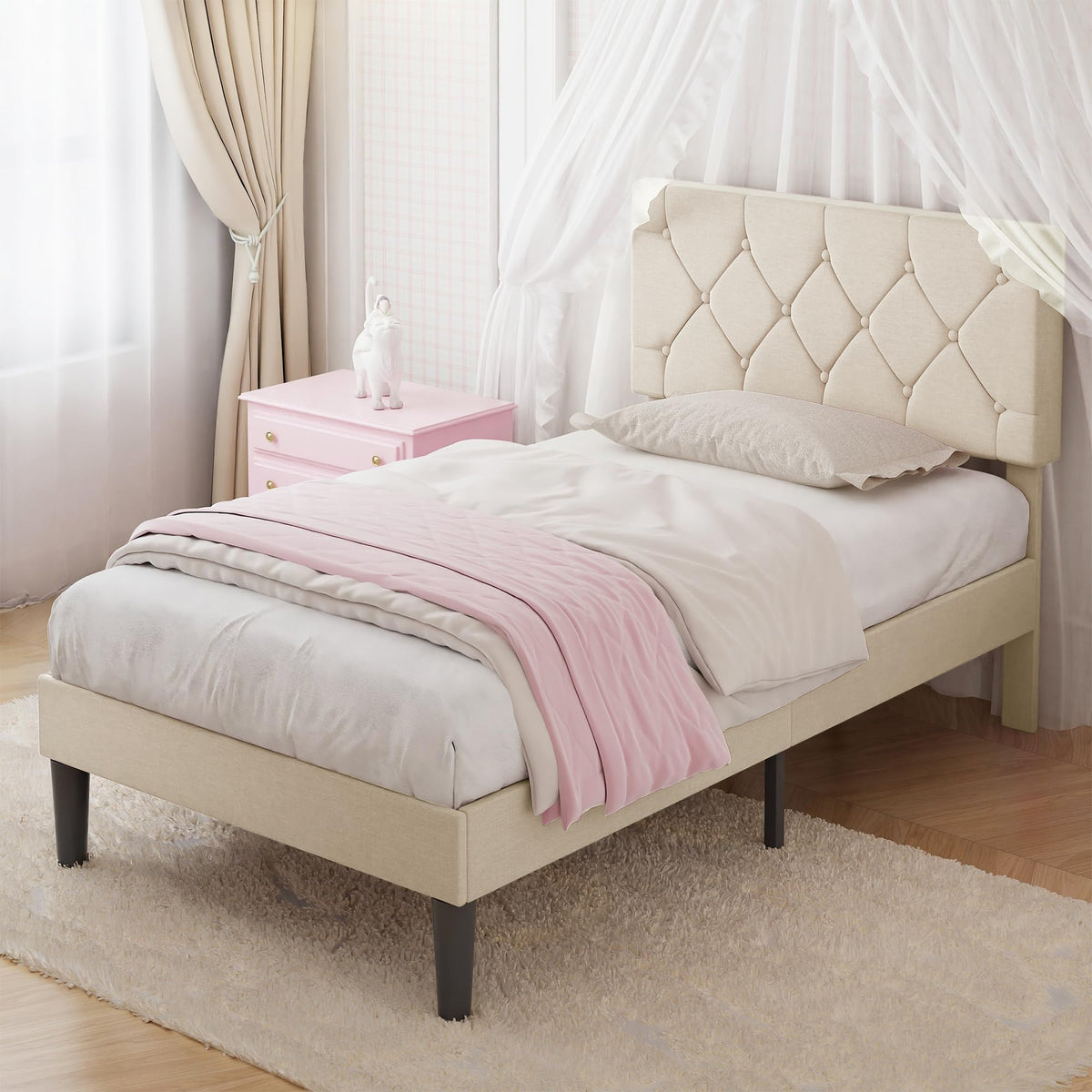 Twin Bed Frame with Upholstered Tufted Headboard, Beige W853
