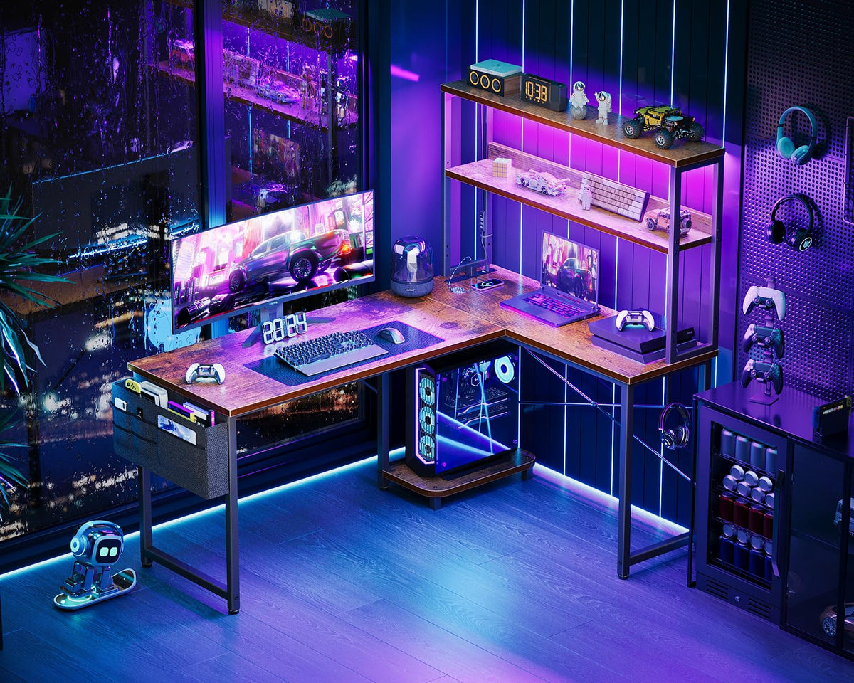 L Shaped Desk with LED Light & Power Outlet Q24442