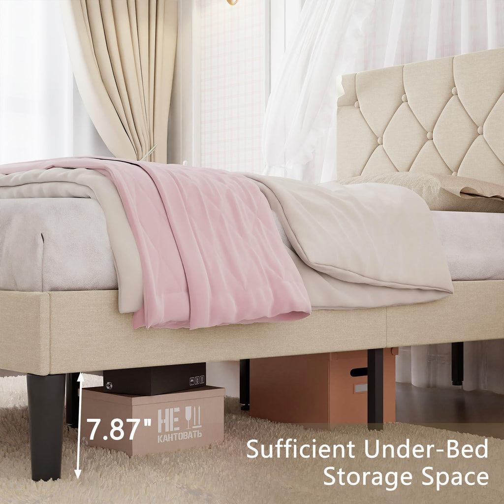 Twin Bed Frame with Upholstered Tufted Headboard, Beige W853