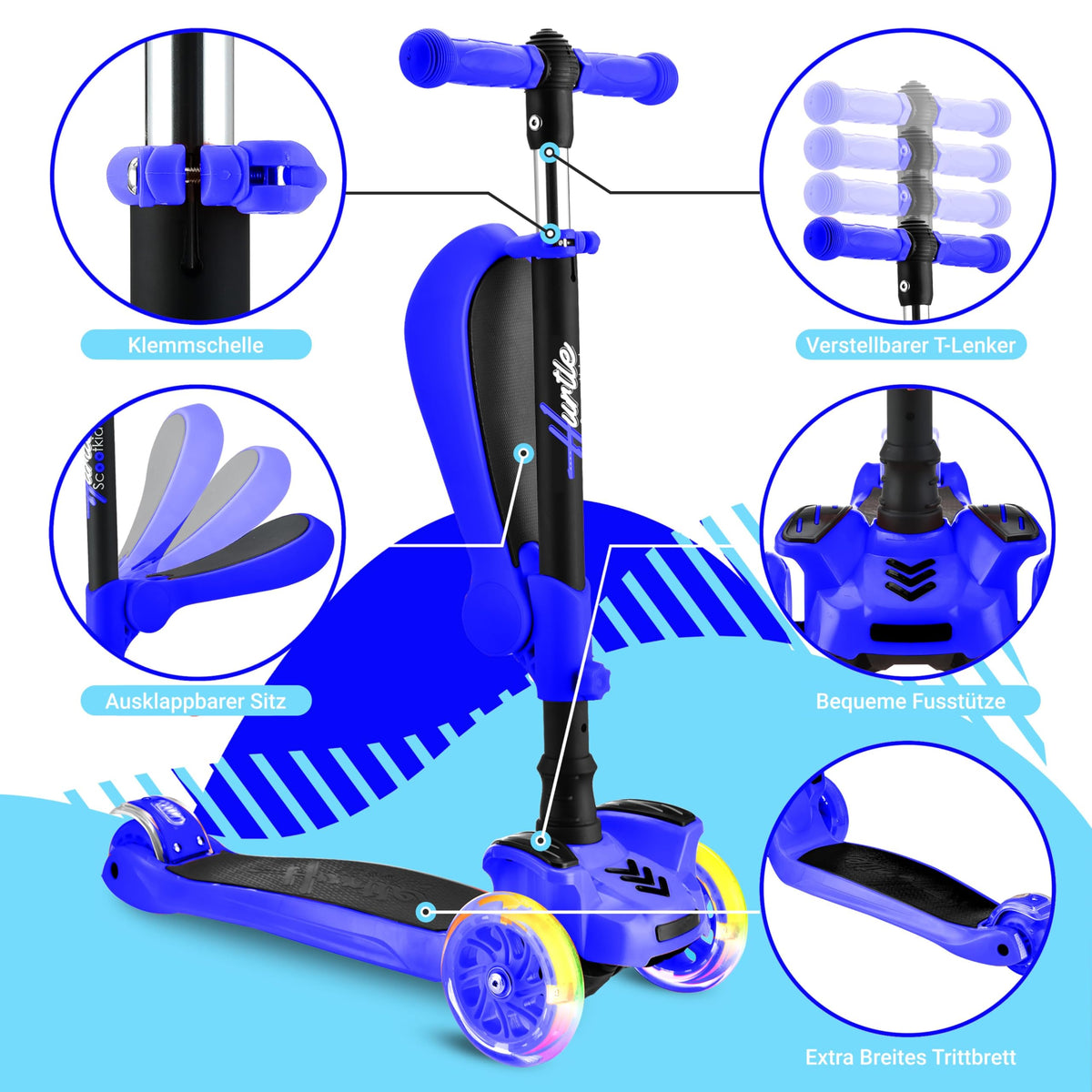 3-Wheeled Scooter with LED Lights, Adjustable Handlebar, and Foldable Seat D7617