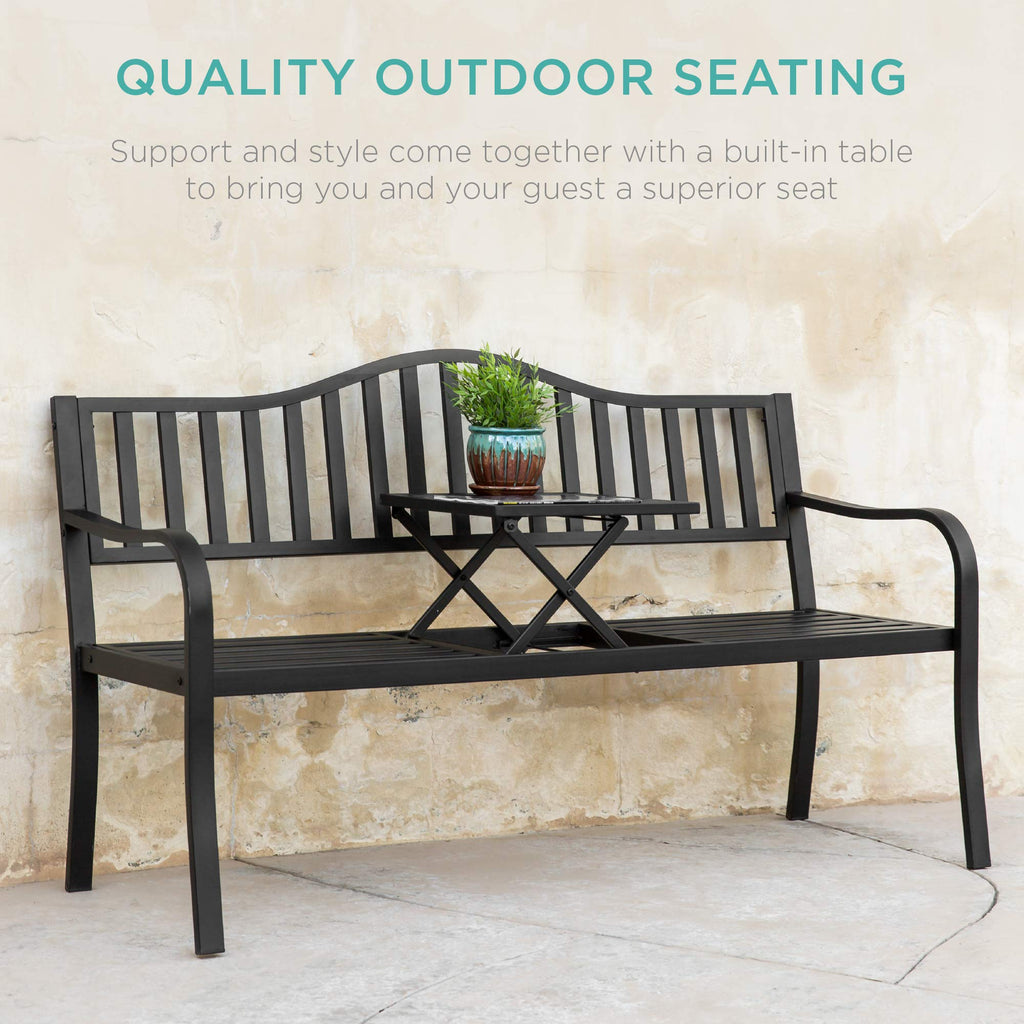 Black Steel Outdoor Garden Bench with Pullout Middle Table M410