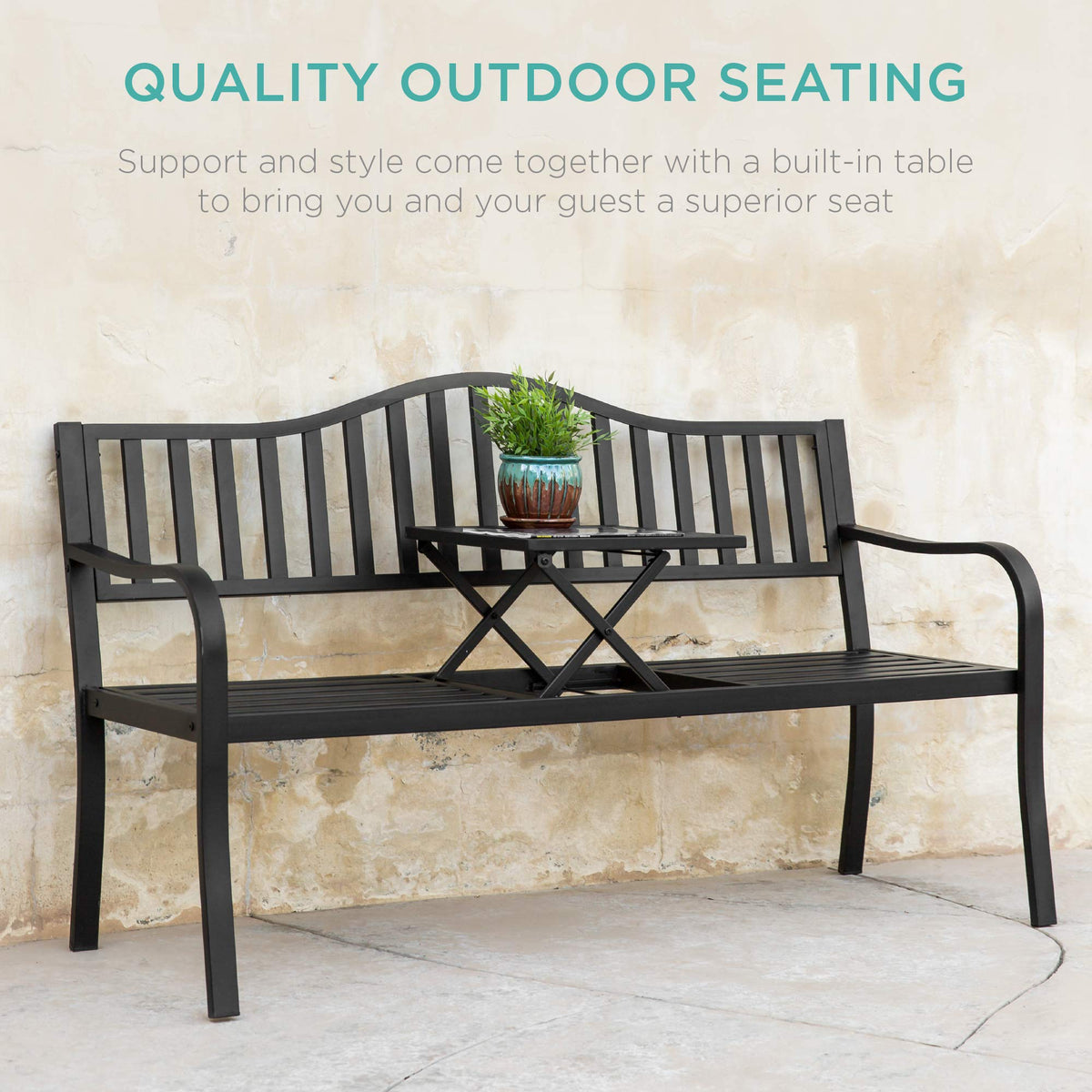 Black Steel Outdoor Garden Bench with Pullout Middle Table M410