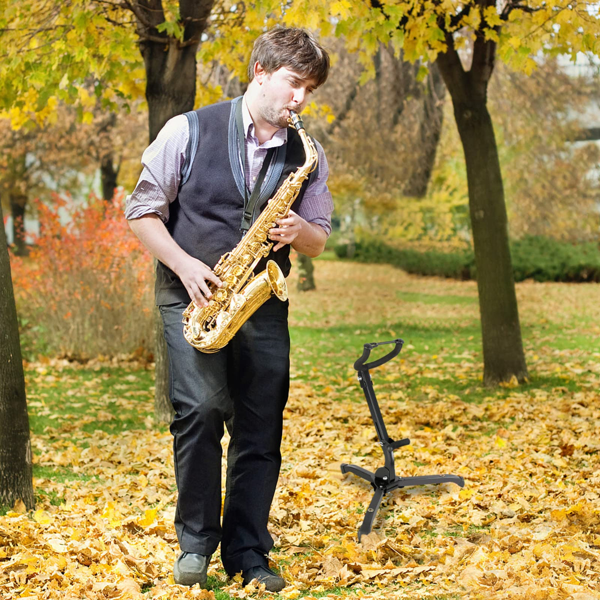 Alto & Tenor Saxophone Stand with 2 Flute/Clarinet Holders and Bag Q871
