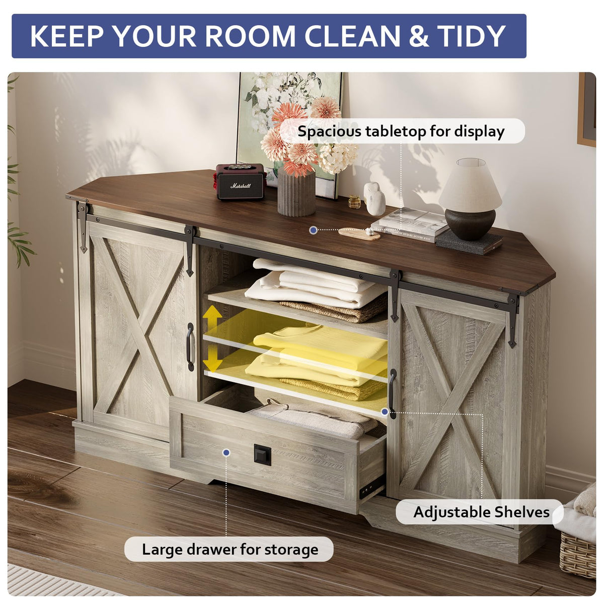 Corner TV Stand with Sliding Barn Door & Removable Shelves M49484