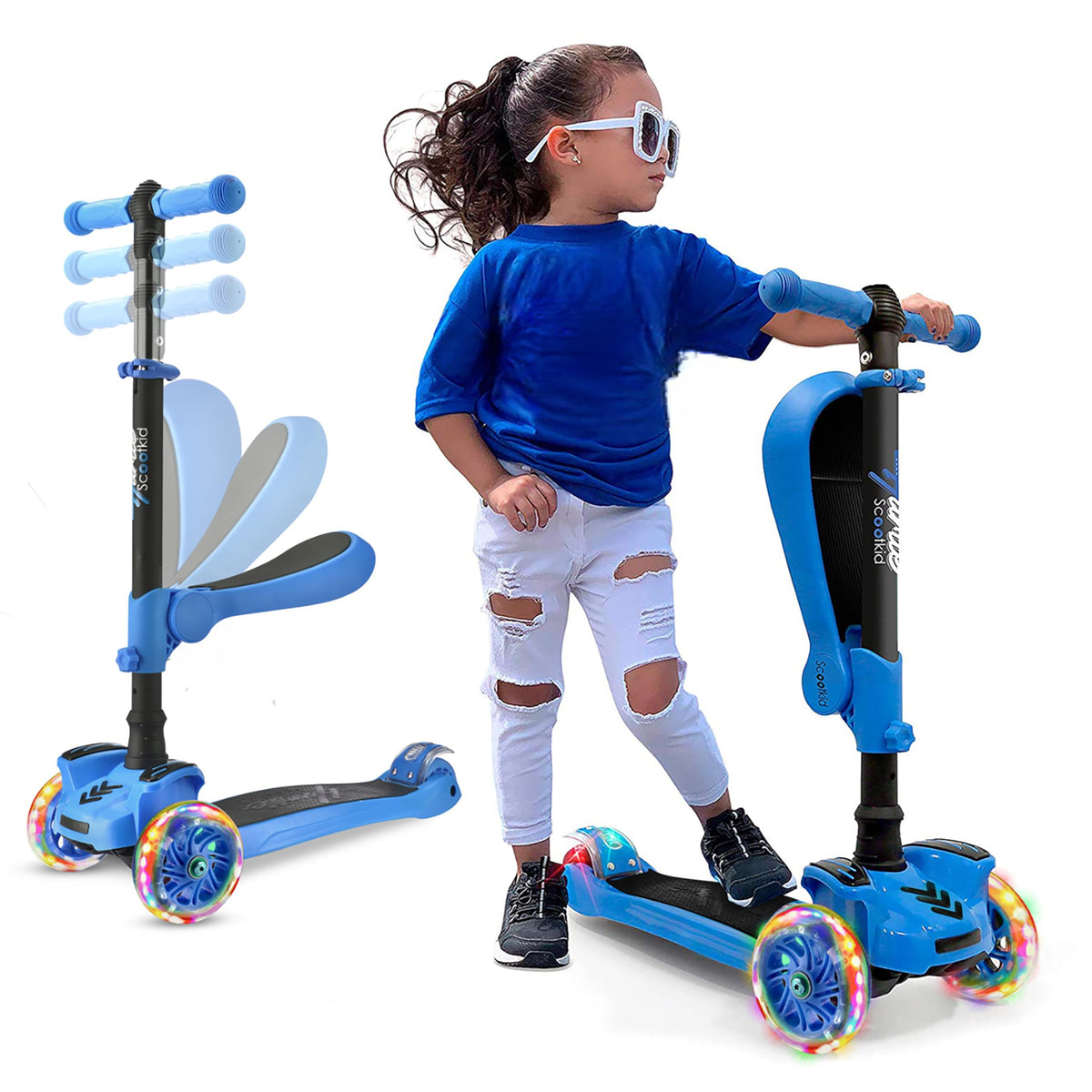 3-Wheeled Scooter with LED Lights, Adjustable Handlebar, and Foldable Seat D7617
