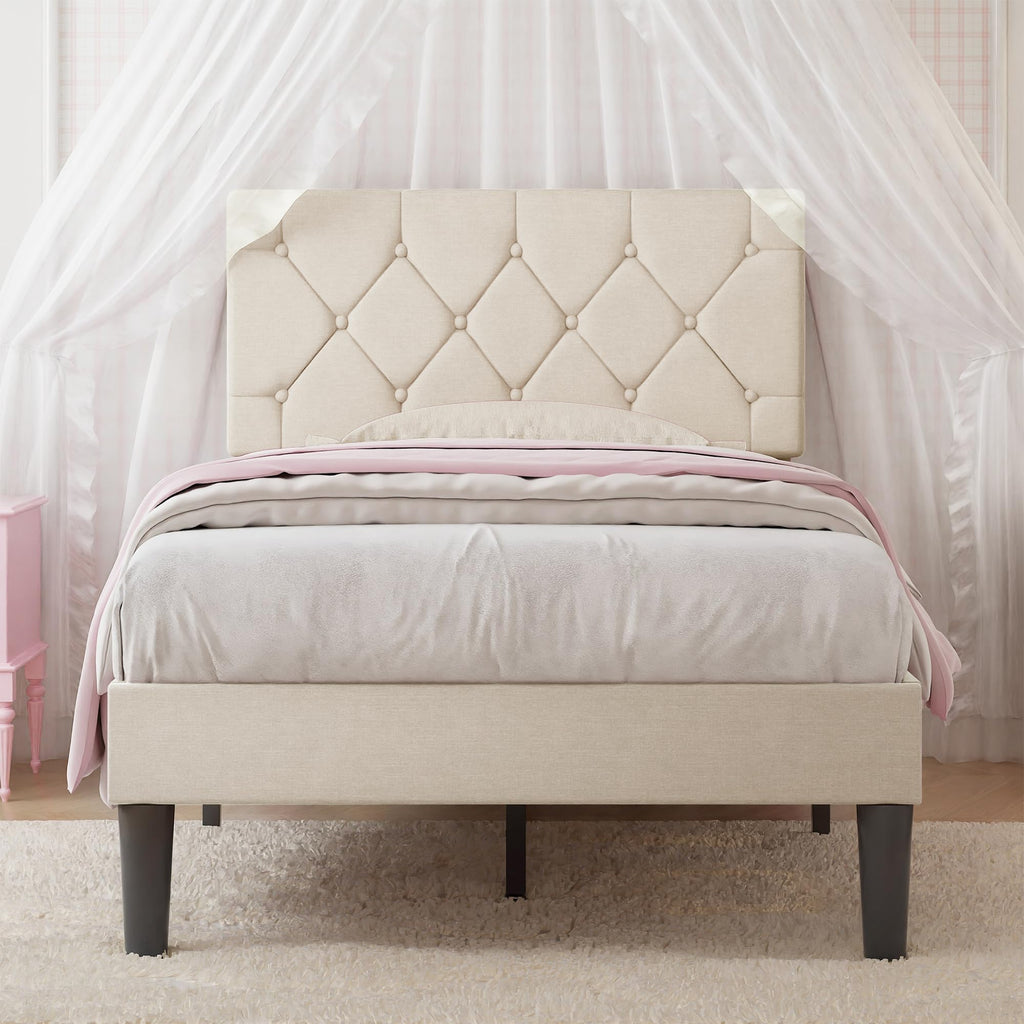 Twin Bed Frame with Upholstered Tufted Headboard, Beige W853