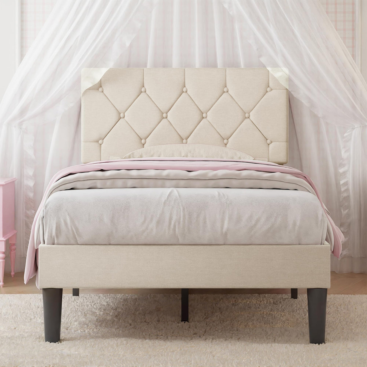 Twin Bed Frame with Upholstered Tufted Headboard, Beige W853