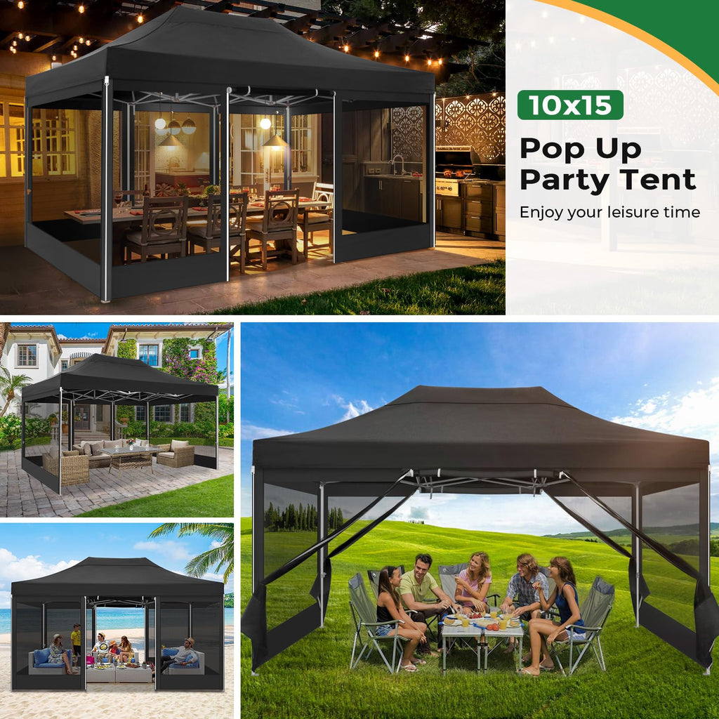 10x15 Heavy Duty Pop Up Canopy with 4 Mosquito Net Sidewalls, Black Q182864