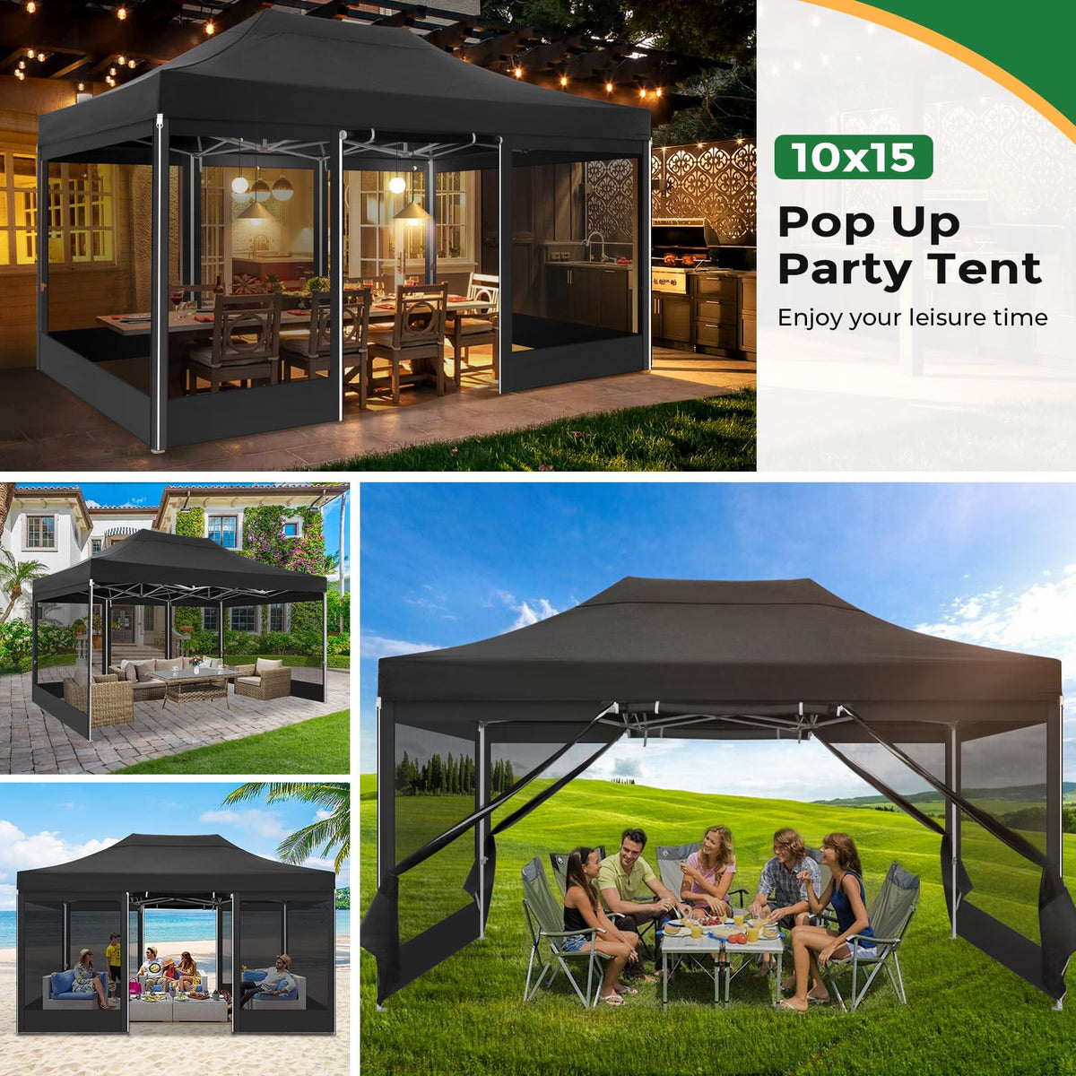 10x15 Heavy Duty Pop Up Canopy with 4 Mosquito Net Sidewalls, Black Q182864