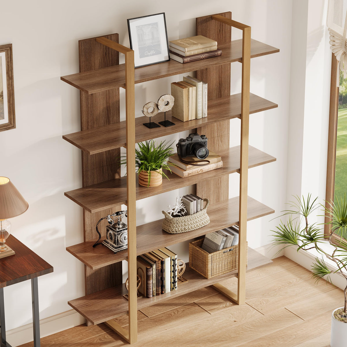 5-Tier Boho Bookshelf with Metal Frame H69573