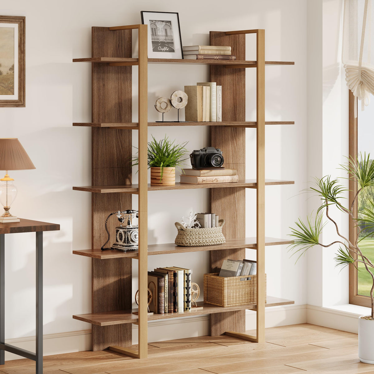 5-Tier Boho Bookshelf with Metal Frame H69573
